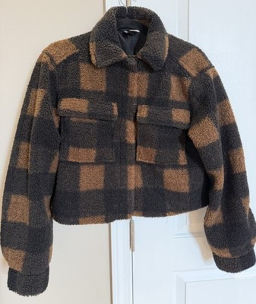 H&M Oversized Plaid Cropped Jacket Size XS Brown & Black EUC